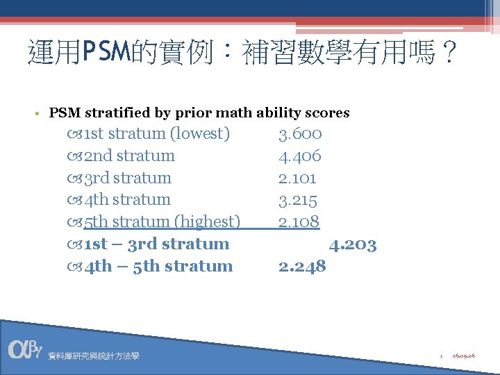 運用PSM的實例：補習數學有用嗎？ • PSM stratified by prior math ability scores 1 st stratum (lowest) 2