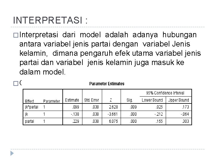 INTERPRETASI : � Interpretasi dari model adalah adanya hubungan antara variabel jenis partai dengan