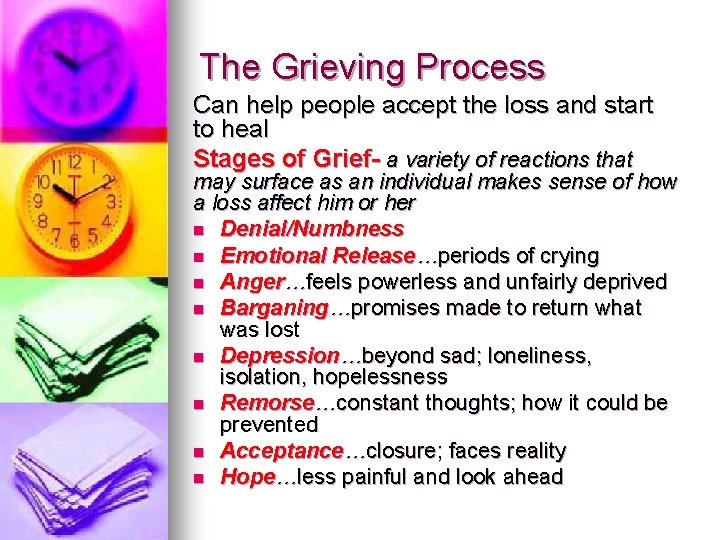The Grieving Process Can help people accept the loss and start to heal Stages