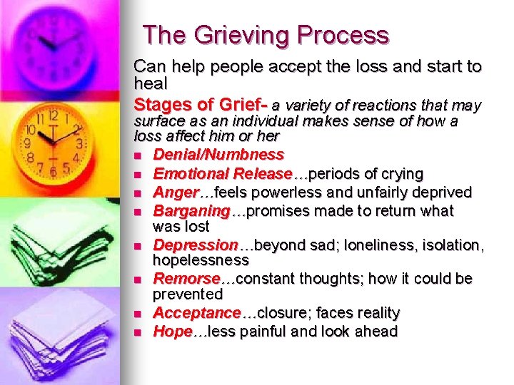 The Grieving Process Can help people accept the loss and start to heal Stages