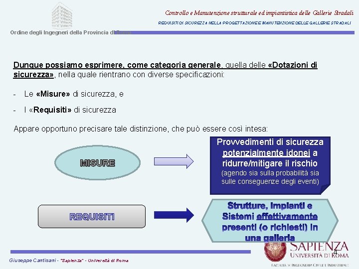 Controllo e Manutenzione strutturale ed impiantistica delle Gallerie Stradali REQUISITI DI SICUREZZA NELLA PROGETTAZIONE