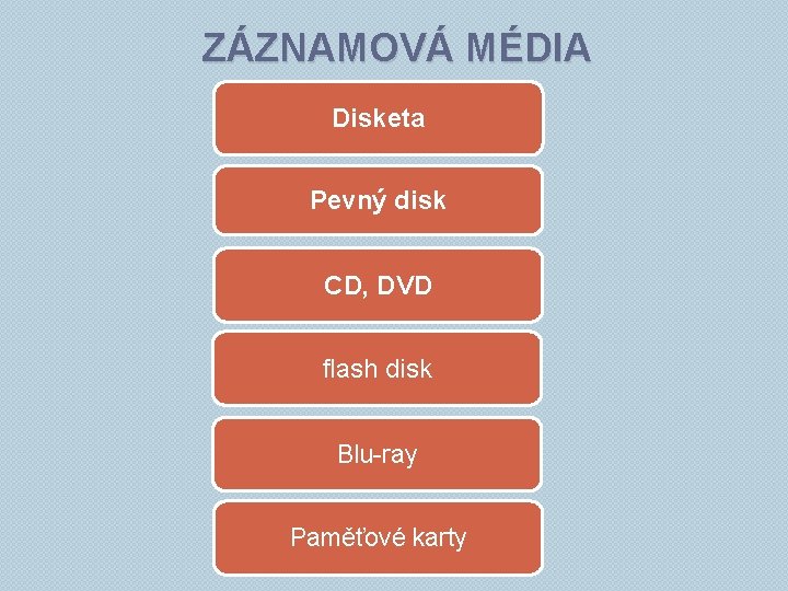 ZÁZNAMOVÁ MÉDIA Disketa Pevný disk CD, DVD flash disk Blu-ray Paměťové karty 