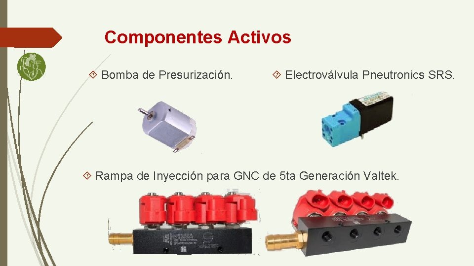 Componentes Activos Bomba de Presurización. Electroválvula Pneutronics SRS. Rampa de Inyección para GNC de