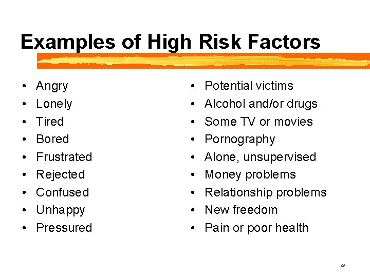 Examples of High Risk Factors • • • Angry Lonely Tired Bored Frustrated Rejected