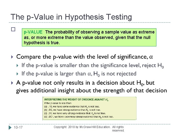 The p-Value in Hypothesis Testing � 10 -17 p-VALUE The probability of observing a