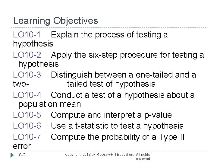 Learning Objectives LO 10 -1 Explain the process of testing a hypothesis LO 10