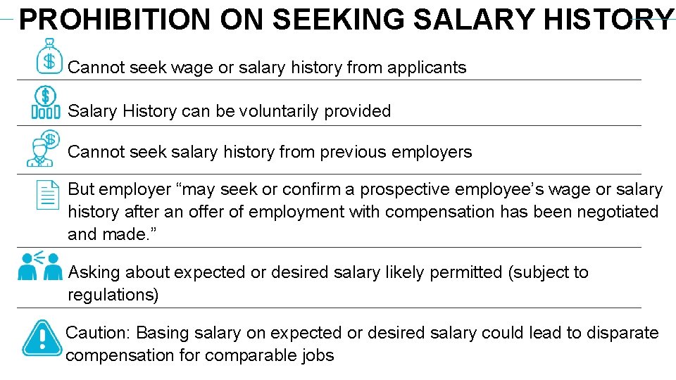 PROHIBITION ON SEEKING SALARY HISTORY Cannot seek wage or salary history from applicants Salary