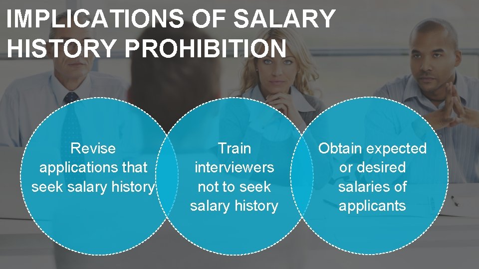 IMPLICATIONS OF SALARY HISTORY PROHIBITION Revise applications that seek salary history Train interviewers not