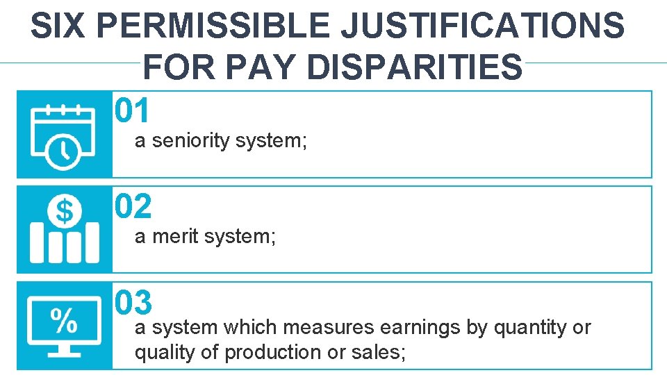 SIX PERMISSIBLE JUSTIFICATIONS FOR PAY DISPARITIES 01 a seniority system; 02 a merit system;