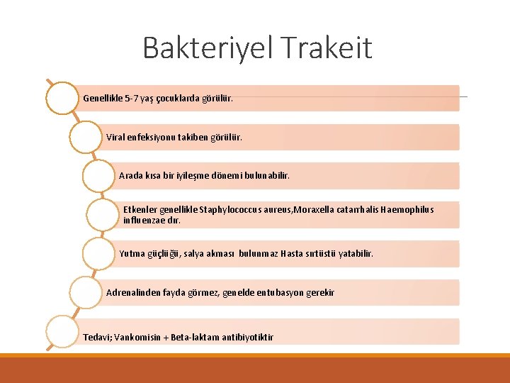 Bakteriyel Trakeit Genellikle 5 -7 yaş çocuklarda görülür. Viral enfeksiyonu takiben görülür. Arada kısa