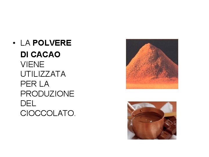  • LA POLVERE DI CACAO VIENE UTILIZZATA PER LA PRODUZIONE DEL CIOCCOLATO. 