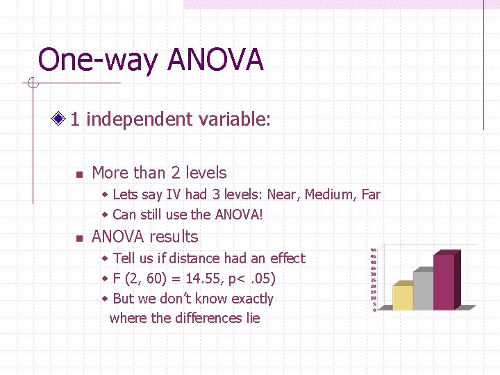 One-way ANOVA 1 independent variable: n More than 2 levels w Lets say IV