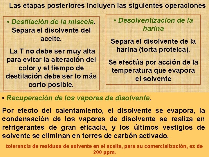 Las etapas posteriores incluyen las siguientes operaciones • Destilación de la miscela. Separa el