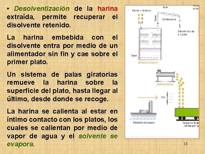  • Desolventización de la harina extraída, permite recuperar el disolvente retenido. La harina
