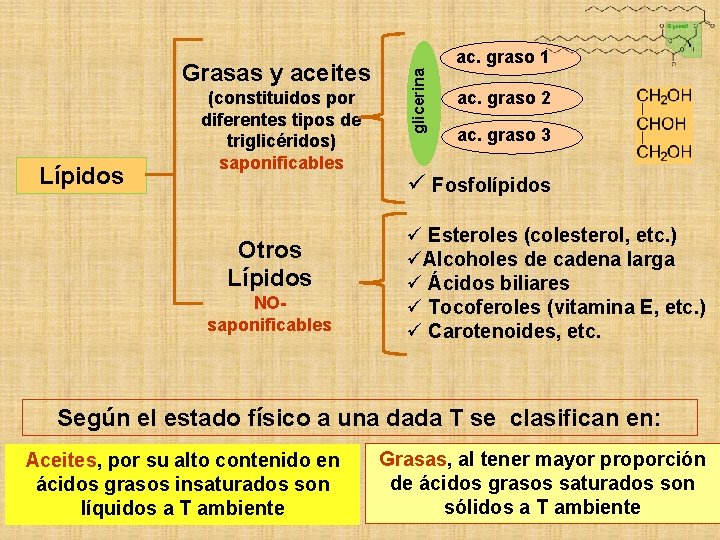 Lípidos (constituidos por diferentes tipos de triglicéridos) saponificables Otros Lípidos NOsaponificables glicerina Grasas y