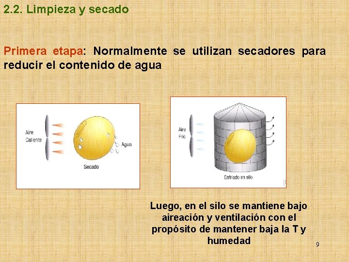 2. 2. Limpieza y secado Primera etapa: Normalmente se utilizan secadores para reducir el