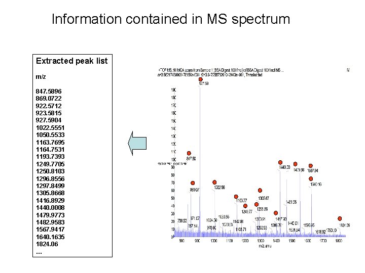 Information contained in MS spectrum Extracted peak list m/z 847. 5896 869. 0722 922.