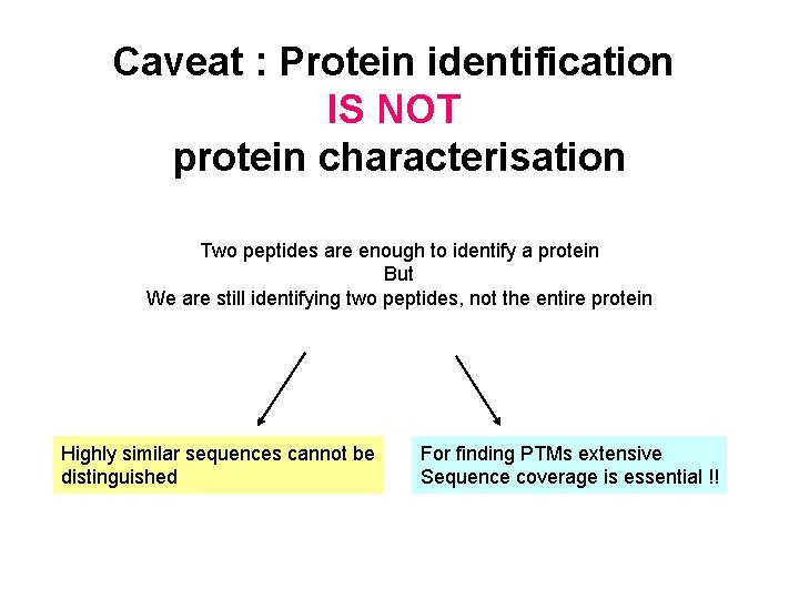 Caveat : Protein identification IS NOT protein characterisation Two peptides are enough to identify