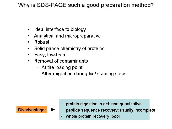 Why is SDS-PAGE such a good preparation method? • • • Ideal interface to