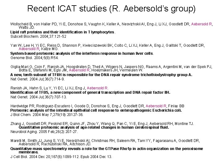 Recent ICAT studies (R. Aebersold’s group) Wollscheid B, von Haller PD, Yi E, Donohoe