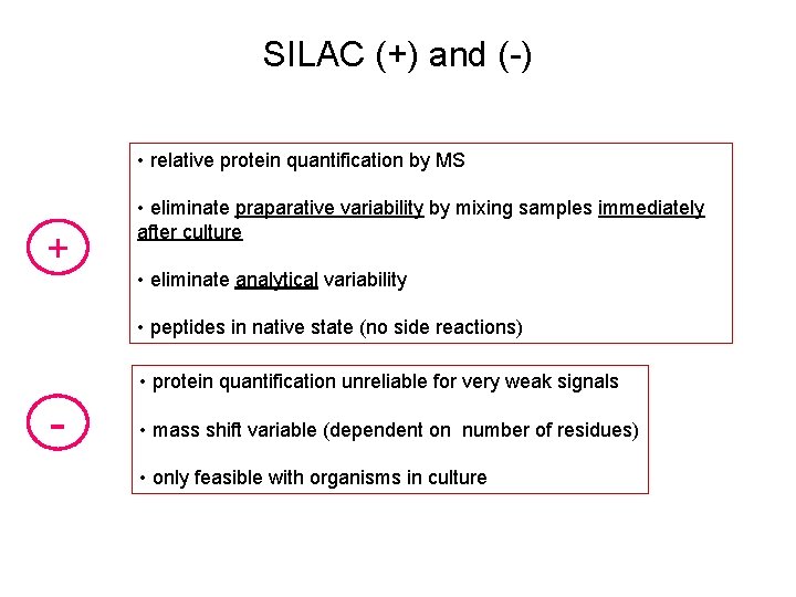 SILAC (+) and (-) • relative protein quantification by MS + • eliminate praparative