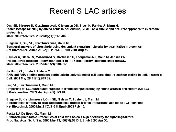 Recent SILAC articles Ong SE, Blagoev B, Kratchmarova I, Kristensen DB, Steen H, Pandey