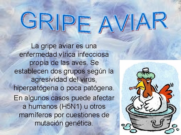La gripe aviar es una enfermedad vírica infecciosa propia de las aves. Se establecen