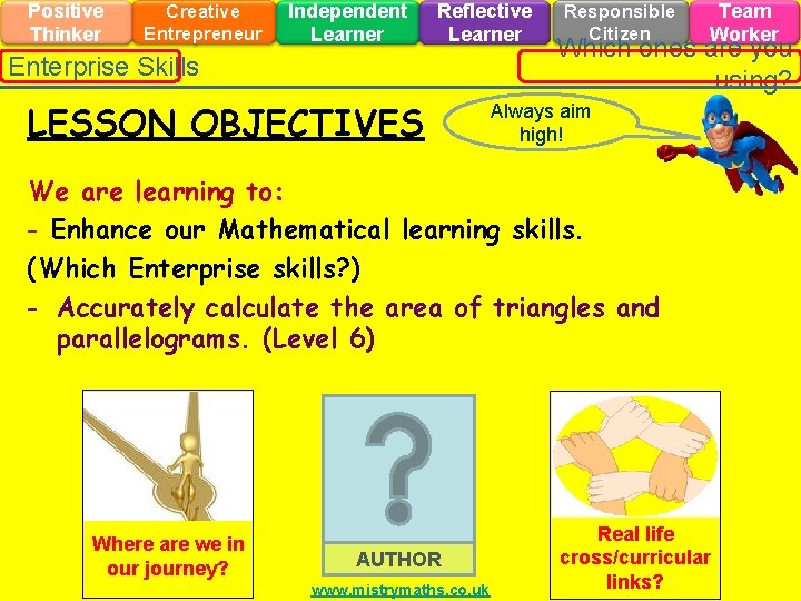 Positive Thinker Creative Entrepreneur Independent Learner Reflective Learner Enterprise Skills LESSON OBJECTIVES Responsible Citizen