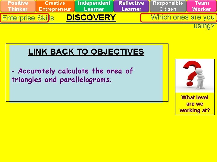 Positive Thinker Creative Entrepreneur Enterprise Skills Independent Learner Reflective Learner DISCOVERY Responsible Citizen Team