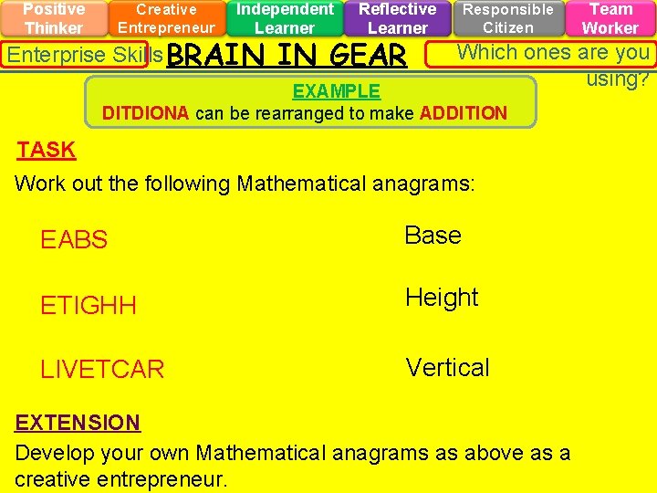 Positive Thinker Creative Entrepreneur Independent Learner Enterprise Skills BRAIN Reflective Learner IN GEAR Responsible