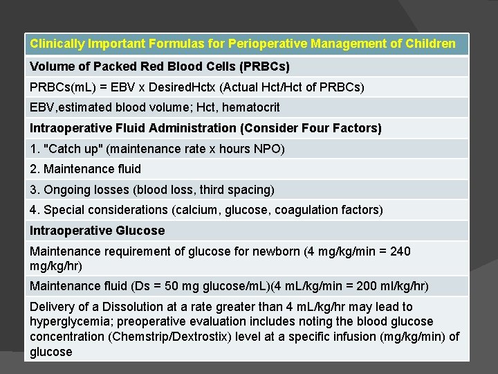 Clinically Important Formulas for Perioperative Management of Children Volume of Packed Red Blood Cells