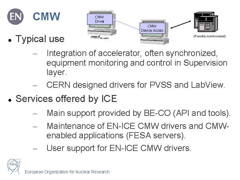 CMW Driver CMW Device Access Typical use (Possibly synchronized) – Integration of accelerator, often