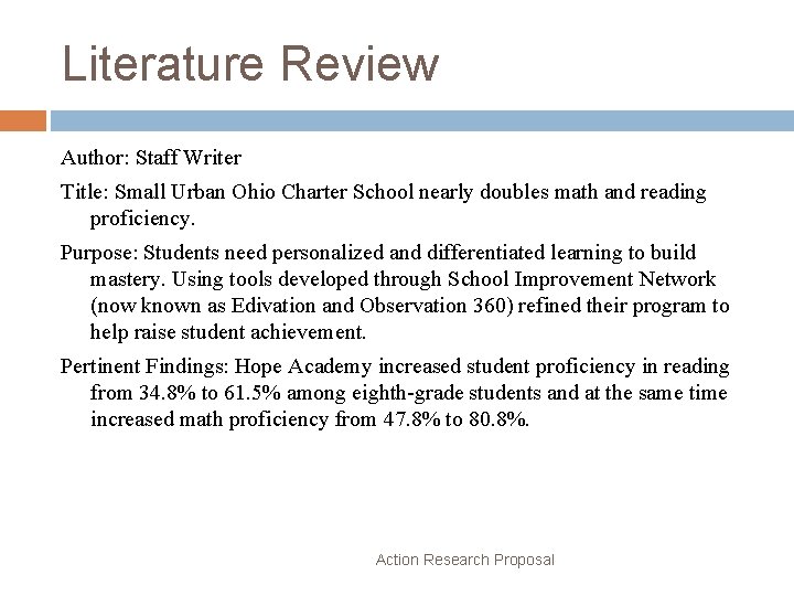 Literature Review Author: Staff Writer Title: Small Urban Ohio Charter School nearly doubles math