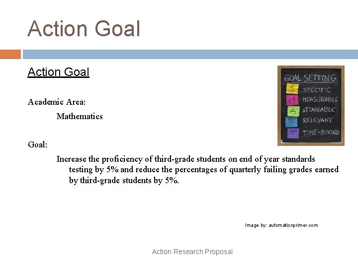 Action Goal Academic Area: Mathematics Goal: Increase the proficiency of third-grade students on end