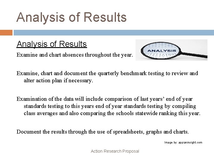 Analysis of Results Examine and chart absences throughout the year. Examine, chart and document