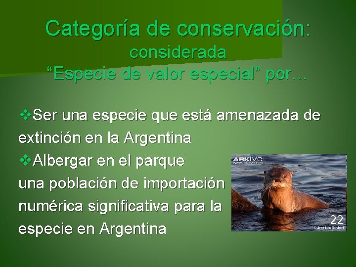 Categoría de conservación: considerada “Especie de valor especial” por… v. Ser una especie que