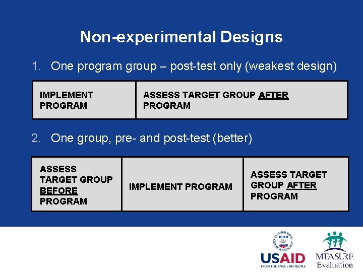 Non-experimental Designs 1. One program group – post-test only (weakest design) IMPLEMENT PROGRAM ASSESS