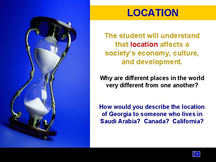 LOCATION The student will understand that location affects a society’s economy, culture, and development.