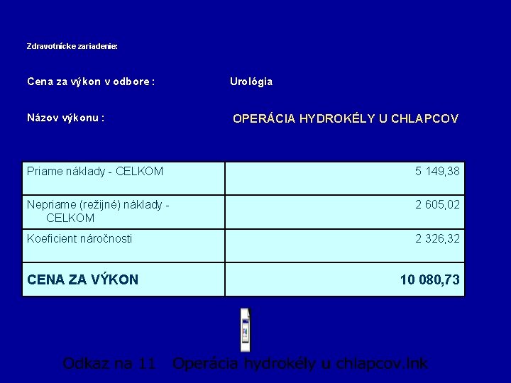 Zdravotnícke zariadenie: Cena za výkon v odbore : Urológia Názov výkonu : OPERÁCIA HYDROKÉLY