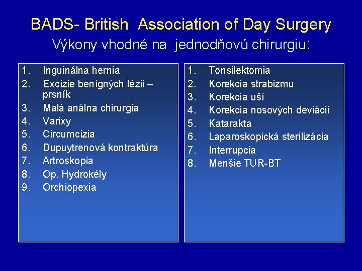 BADS- British Association of Day Surgery Výkony vhodné na jednodňovú chirurgiu: 1. 2. 3.