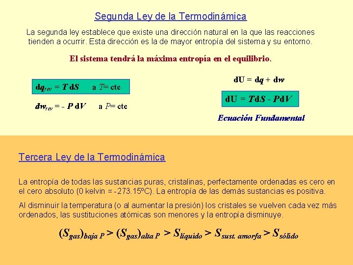 Segunda Ley de la Termodinámica La segunda ley establece que existe una dirección natural