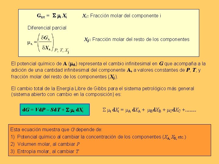 Gtot = S mi Xi Xi : Fracción molar del componente i Diferencial parcial