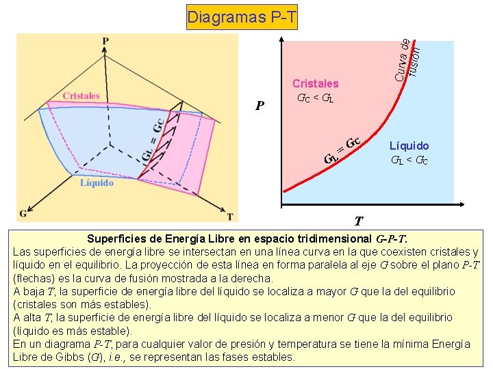 P Curva d e fusión Diagramas P-T Cristales GC < GL GL =G C