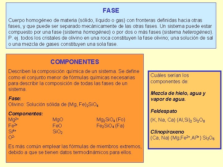 FASE Cuerpo homogéneo de materia (sólido, líquido o gas) con fronteras definidas hacia otras