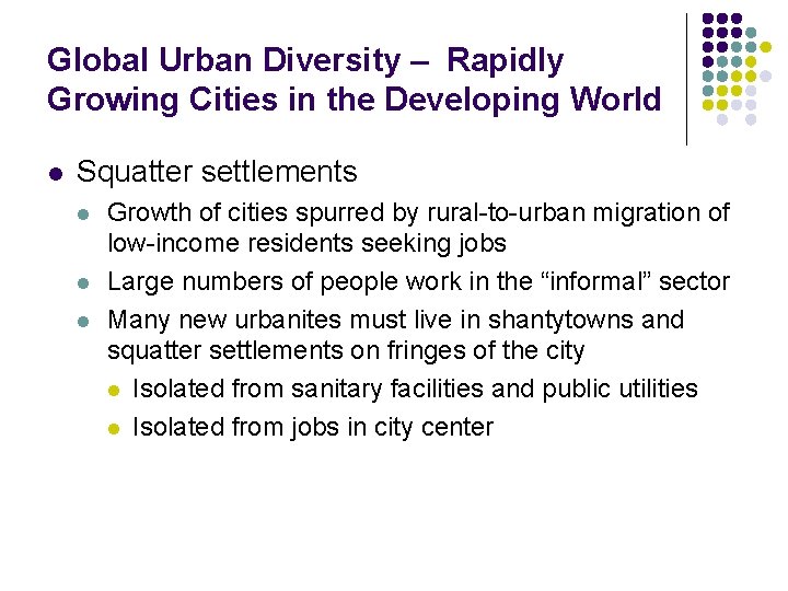 Global Urban Diversity – Rapidly Growing Cities in the Developing World l Squatter settlements