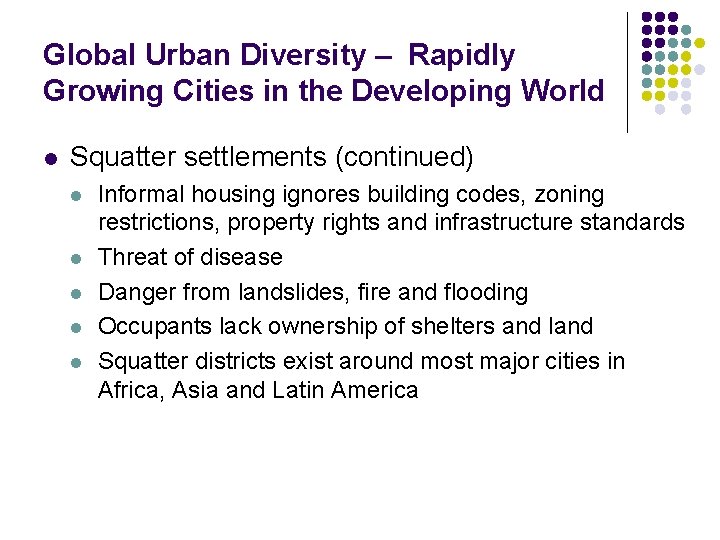 Global Urban Diversity – Rapidly Growing Cities in the Developing World l Squatter settlements