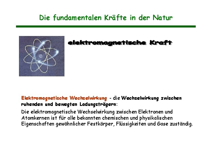 Die fundamentalen Kräfte in der Natur Elektromagnetische Wechselwirkung - die Wechselwirkung zwischen ruhenden und Die fundamentalen Kräfte in der Natur Elektromagnetische Wechselwirkung - die Wechselwirkung zwischen ruhenden und
