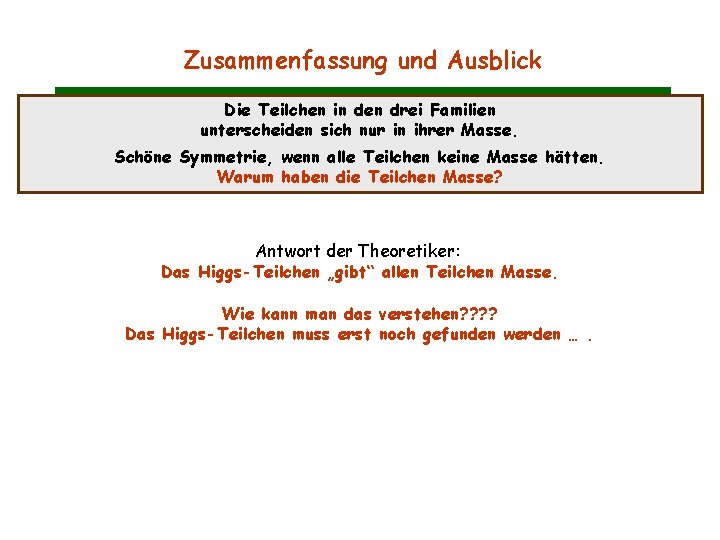 Zusammenfassung und Ausblick Die Teilchen in den drei Familien unterscheiden sich nur in ihrer Zusammenfassung und Ausblick Die Teilchen in den drei Familien unterscheiden sich nur in ihrer