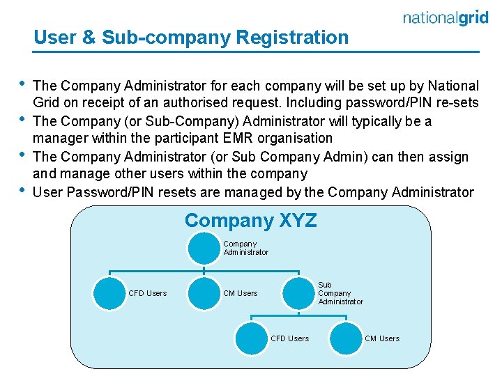 User & Sub-company Registration • • The Company Administrator for each company will be