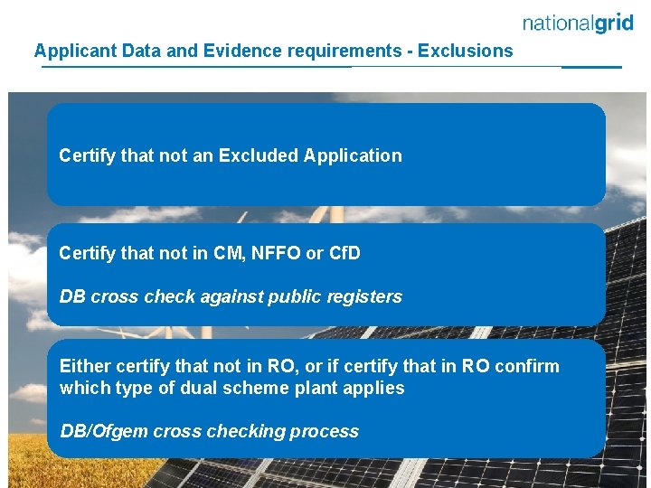 Applicant Data and Evidence requirements - Exclusions Certify that not an Excluded Application Certify